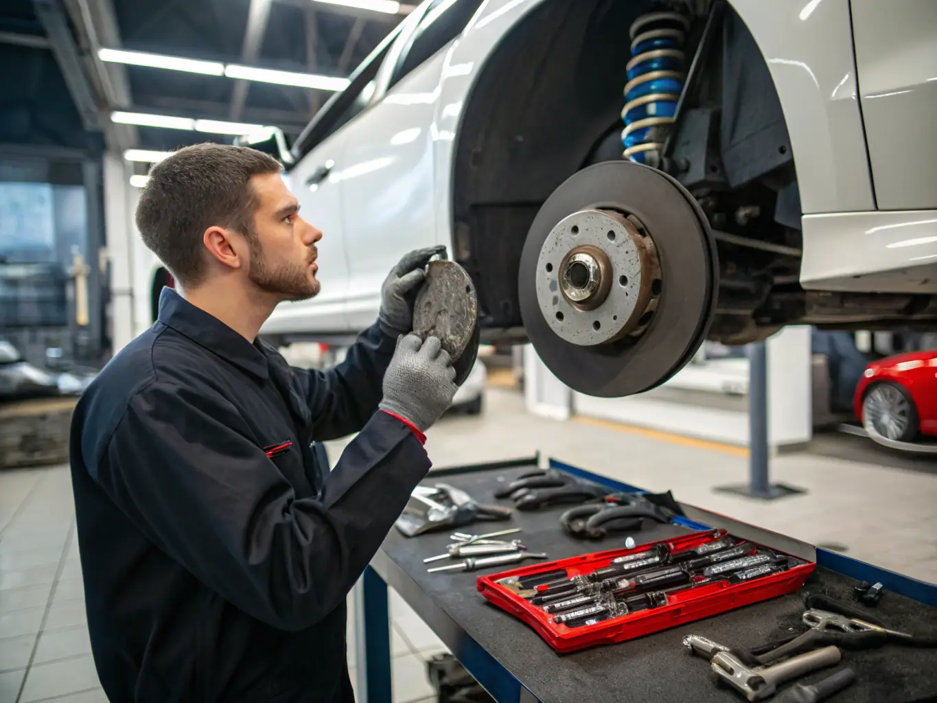 A technician inspecting brake pads and rotors during a service appointment, emphasizing safety and precision.