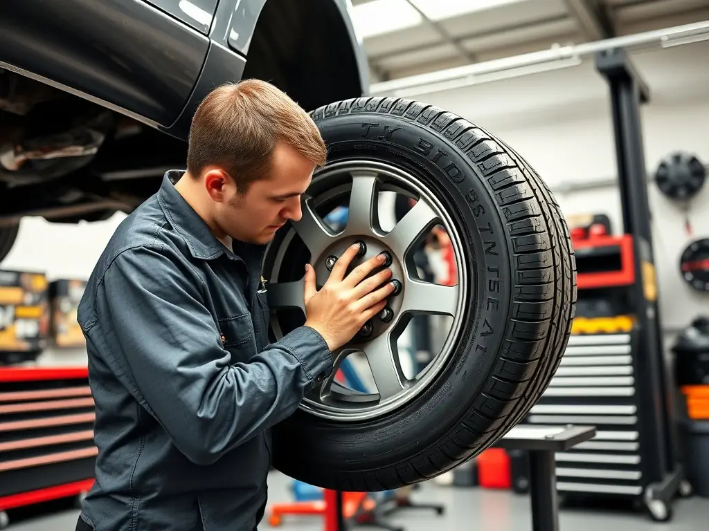 A mechanic installing new tires on a vehicle in the shop, showcasing quality tires and professional service.