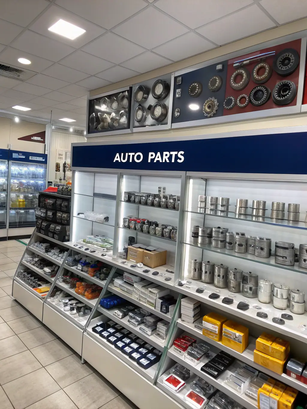 A display of high-quality, branded auto parts neatly arranged on shelves in the MOTR shop, emphasizing the use of reliable components.