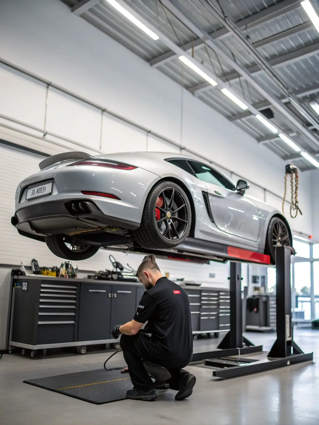A vehicle being promptly serviced in the MOTR shop, with mechanics working efficiently to minimize downtime and get customers back on the road.