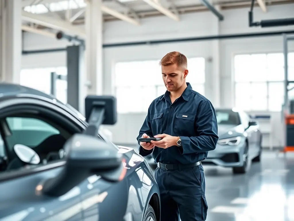 A mechanic performing a vehicle inspection with diagnostic tools, highlighting attention to detail.