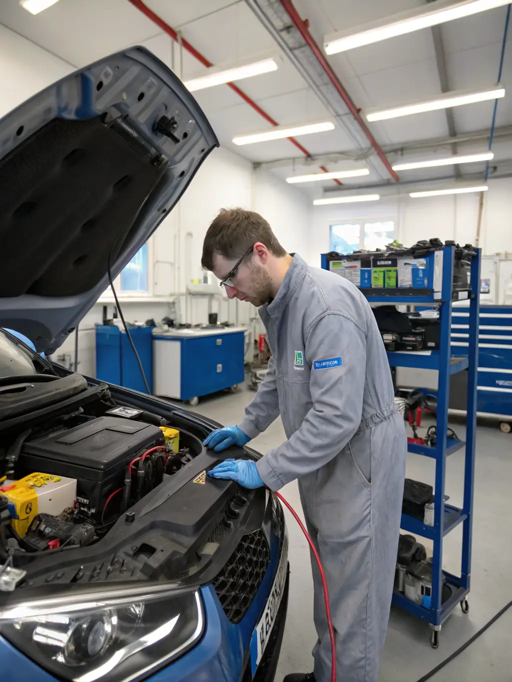 A certified technician performing a multi-point vehicle inspection, using a digital tablet to check diagnostics under the hood of a light-duty truck.