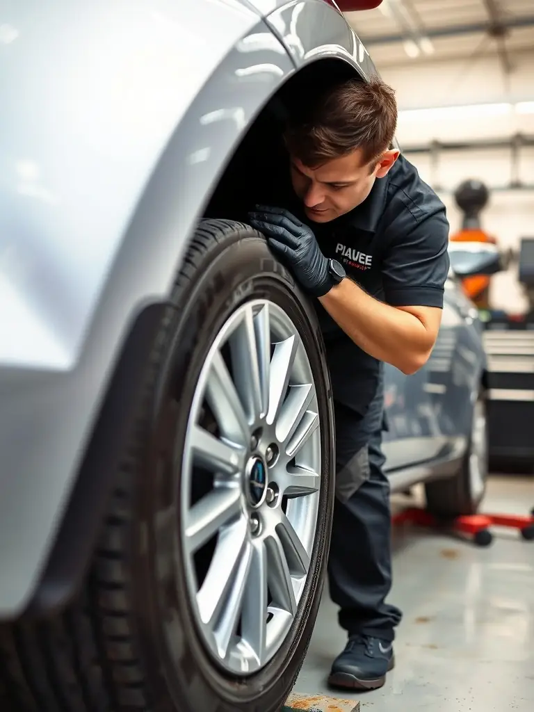 A close-up of a mechanic's hands fitting a new all-season tire onto a car wheel in a clean, professional auto repair shop, emphasizing precision and care.