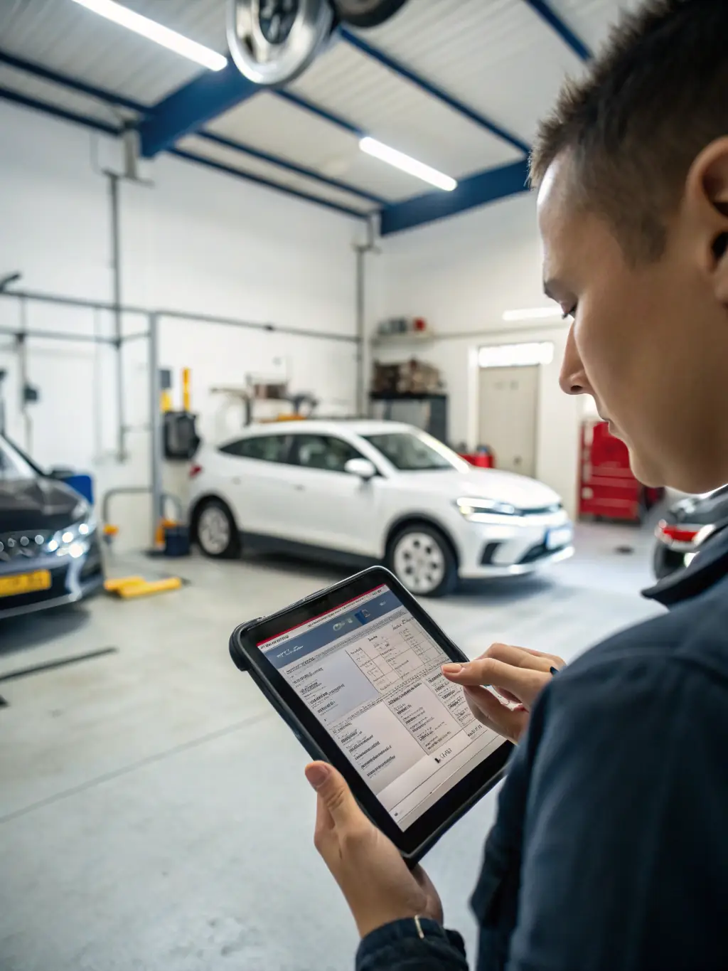 A certified inspector reviewing a vehicle’s engine bay with a digital tablet, documenting results during a comprehensive multi-point inspection.