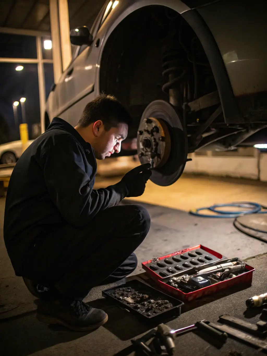 A skilled technician carefully examining brake pads and rotors on a lifted truck, with modern tools and safety equipment visible in the background.