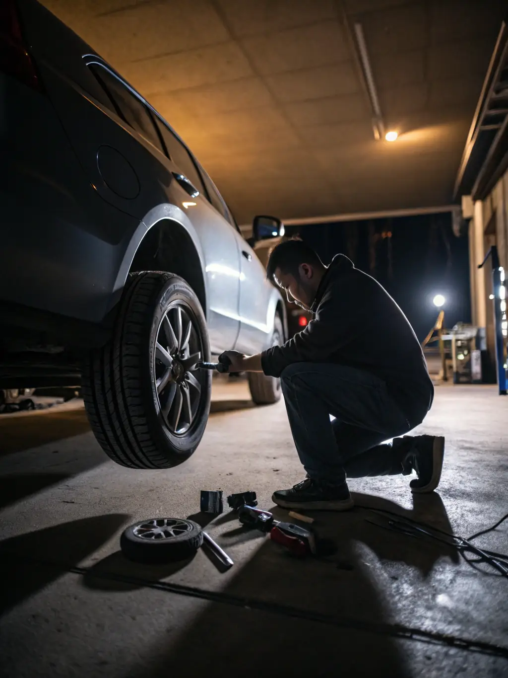 A close-up photo of a technician installing a new all-season tire on a commercial truck, with clean tools and a modern garage background, representing professional tire services for fleets and cars.