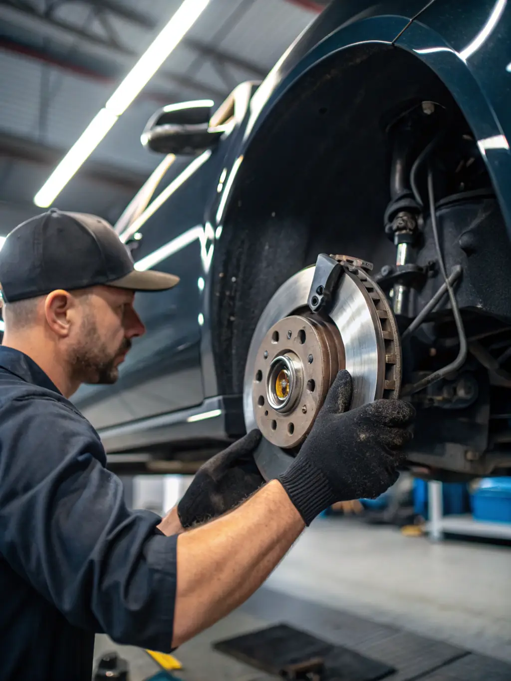 A mechanic carefully inspecting and replacing brake pads on a passenger car, with visible brake components and safety gloves, emphasizing attention to detail and safety.