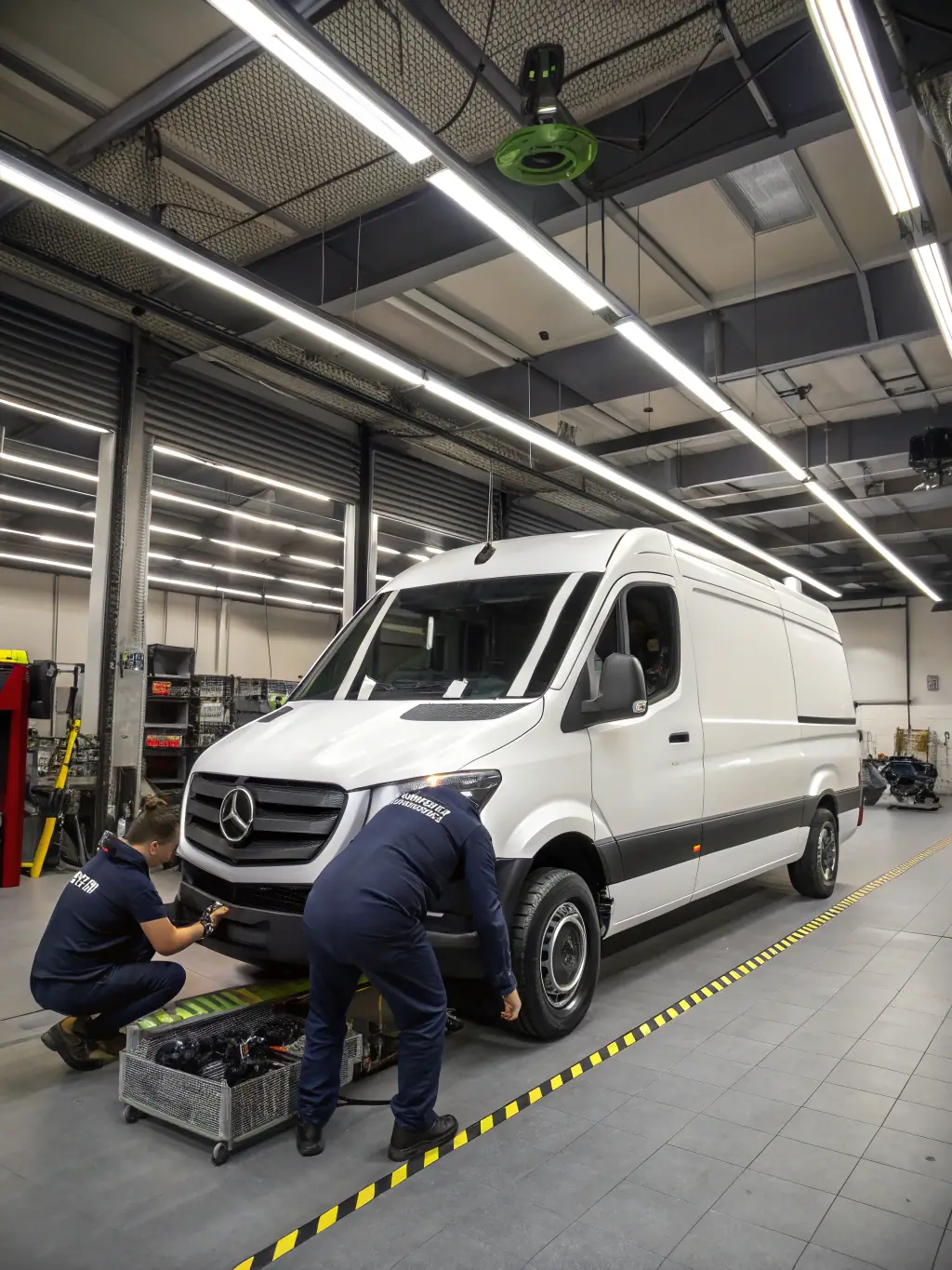 A mechanic performing routine maintenance, such as oil changes and fluid checks, on a commercial fleet van inside a well-lit service bay.