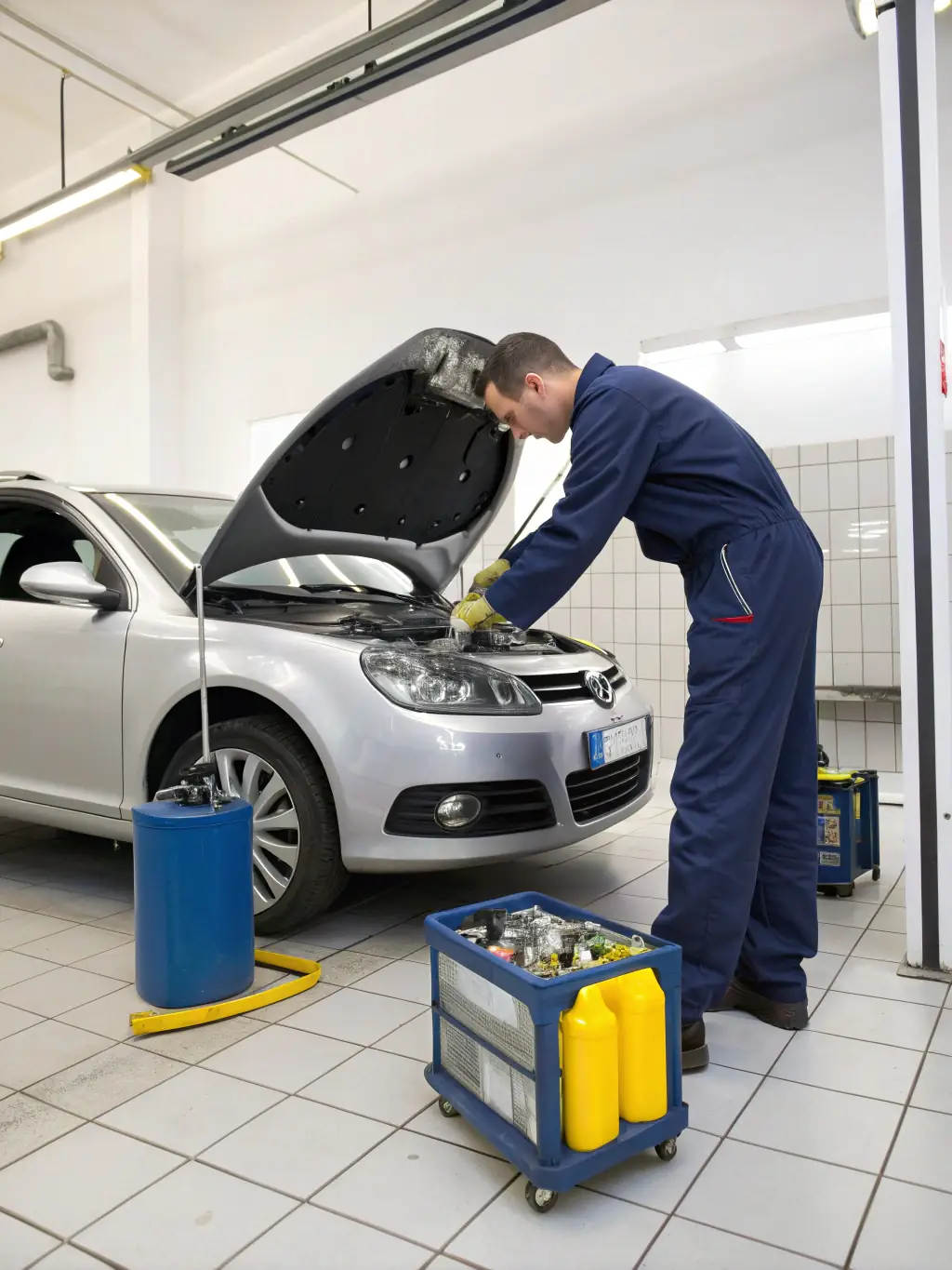 A mechanic performing routine maintenance, such as an oil change and fluid top-off, on a sedan in a well-lit, organized service bay.