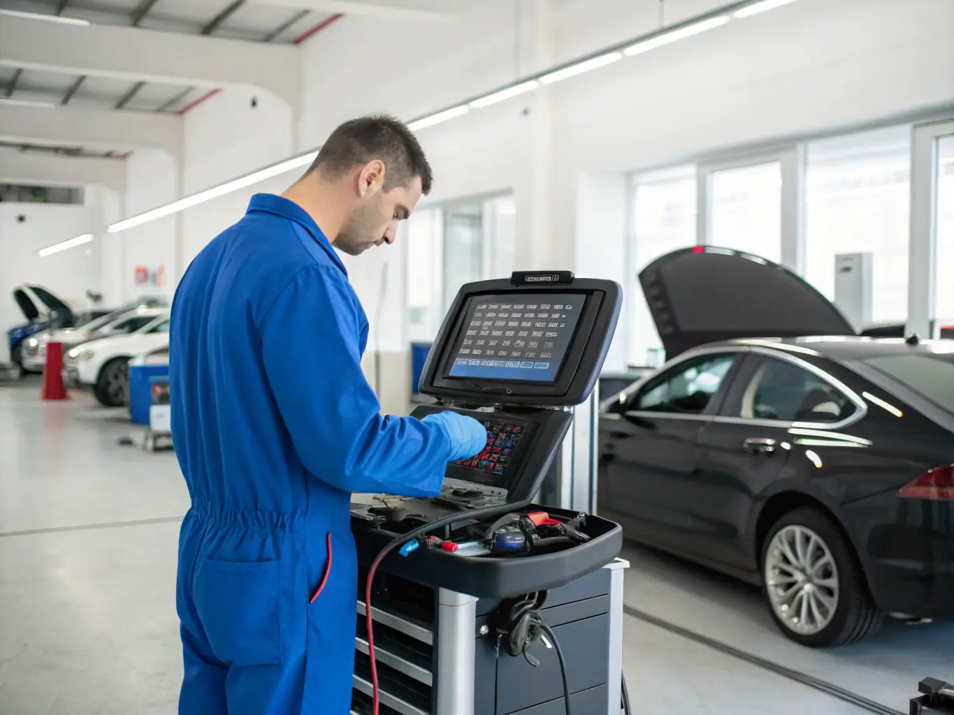 A skilled auto technician in a branded RG Fleet & Auto uniform uses advanced diagnostic equipment to inspect a car in a clean, modern repair shop, emphasizing professionalism and expertise.